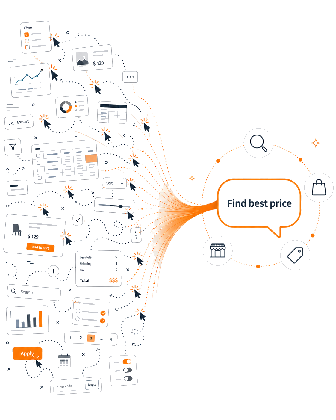 A web of dashboard fragments and click trails converges through an orange stream into a single prompt — one chat with your AI agent replaces dozens of manual clicks.